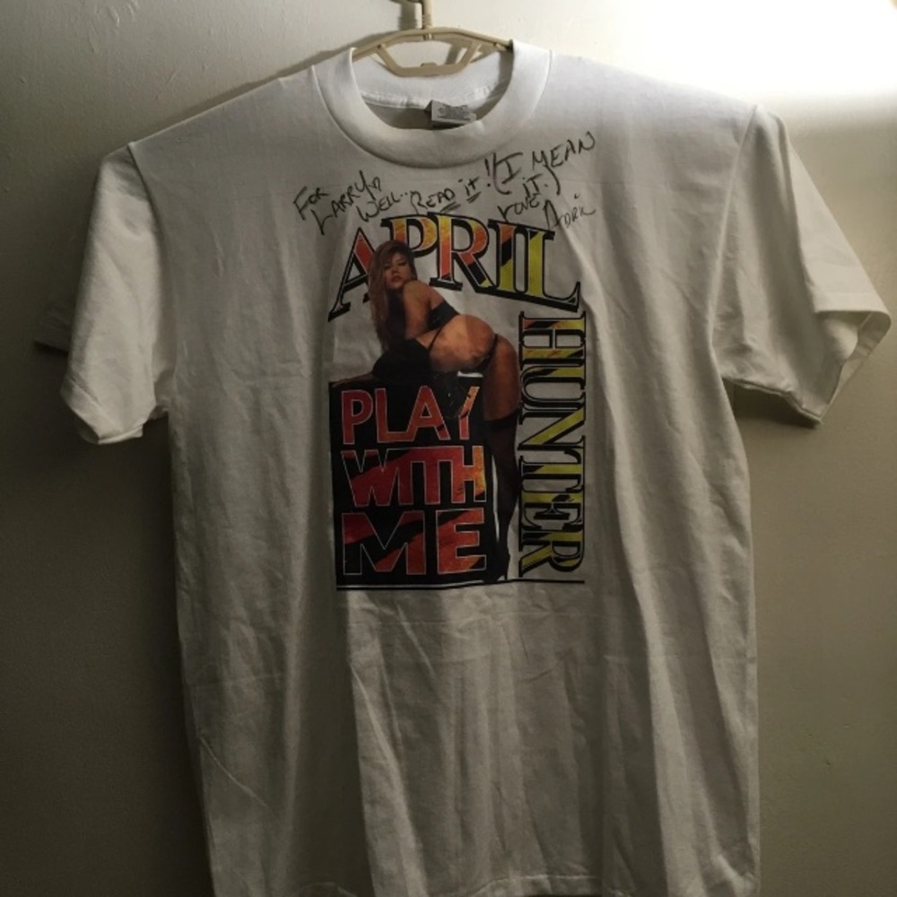 Oneita April Hunter Play With Me Autographed T Shirt Sz Lg Single Stitch White
